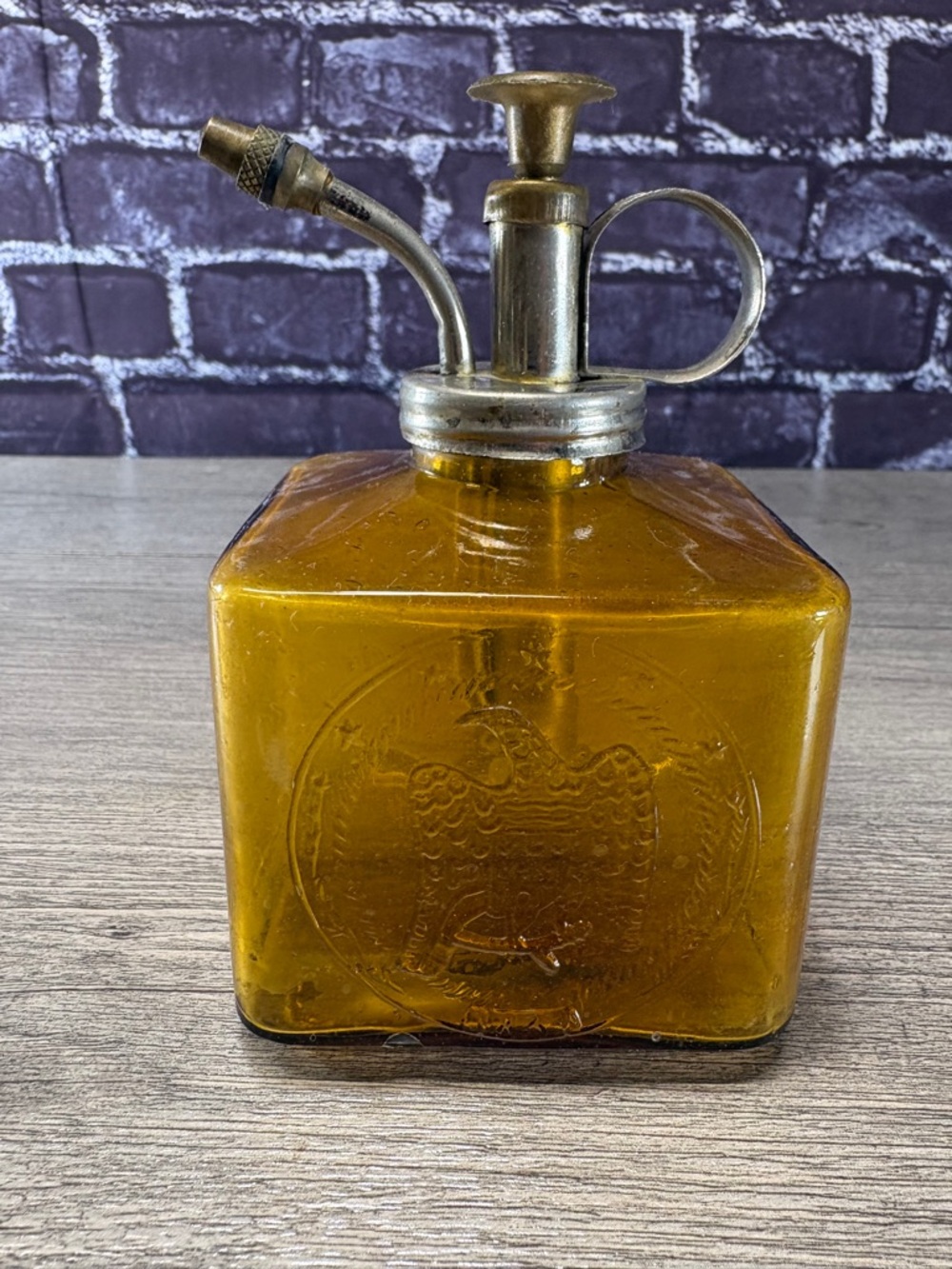 Vintage Amber Glass Plant Mister with Metal Pump Embossed Eagle
